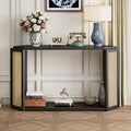 Consolle stile freccia nera con pannelli in rattan, 127 cm L x 31,5 cm P
