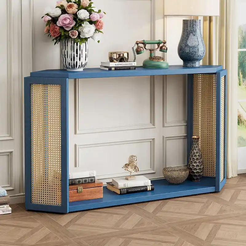 Consolle stile freccia nera con pannelli in rattan, 127 cm L x 31,5 cm P