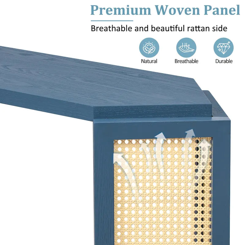 Consolle stile freccia nera con pannelli in rattan, 127 cm L x 31,5 cm P