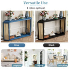 Consolle stile freccia nera con pannelli in rattan, 127 cm L x 31,5 cm P