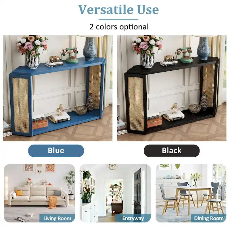 Consolle stile freccia nera con pannelli in rattan, 127 cm L x 31,5 cm P