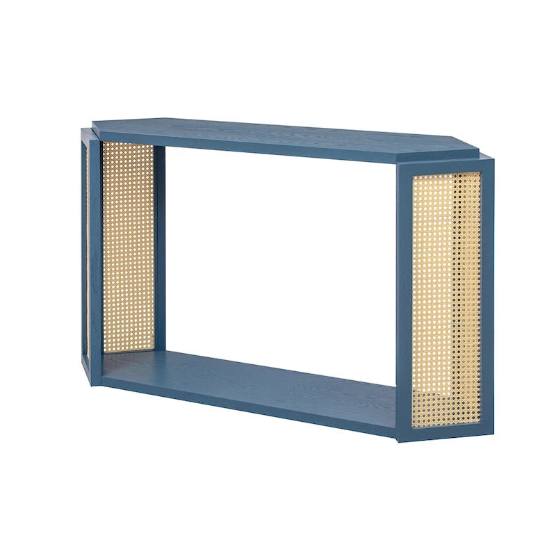 Consolle stile freccia nera con pannelli in rattan, 127 cm L x 31,5 cm P