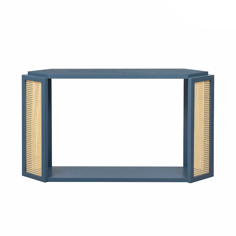 Consolle stile freccia nera con pannelli in rattan, 127 cm L x 31,5 cm P