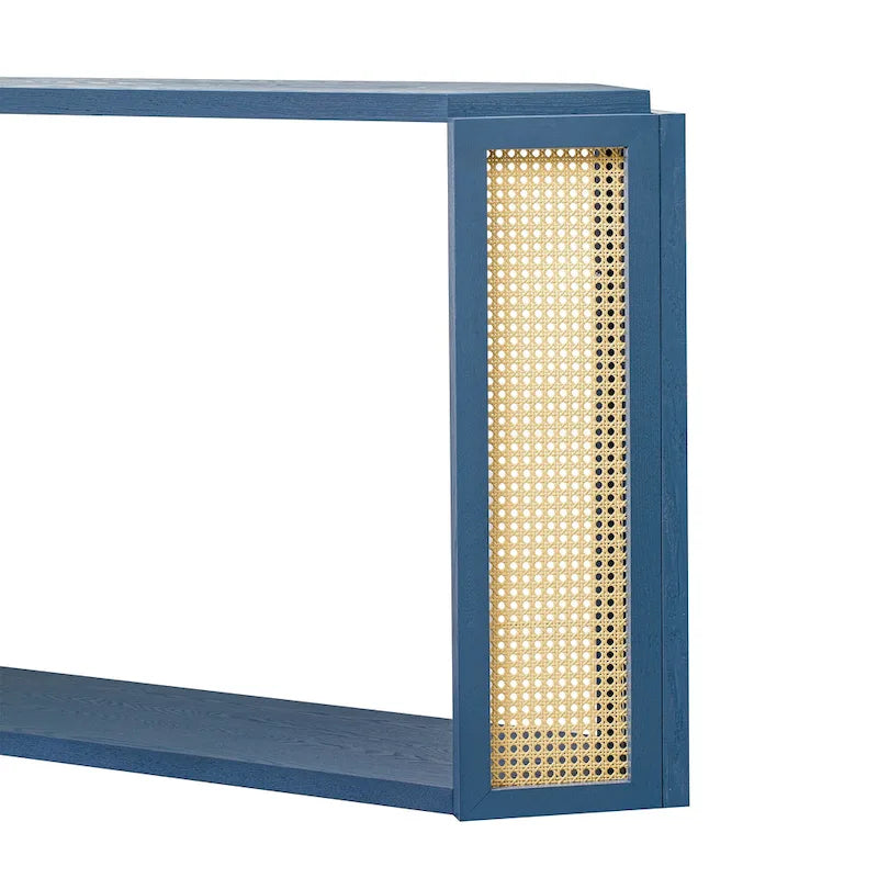 Consolle stile freccia nera con pannelli in rattan, 127 cm L x 31,5 cm P