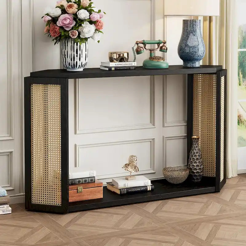 Consolle stile freccia nera con pannelli in rattan, 127 cm L x 31,5 cm P