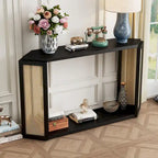 Consolle stile freccia nera con pannelli in rattan, 127 cm L x 31,5 cm P