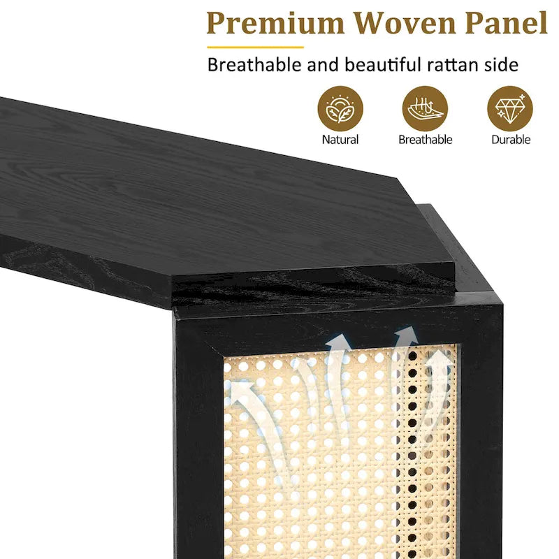Consolle stile freccia nera con pannelli in rattan, 127 cm L x 31,5 cm P