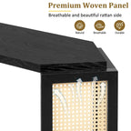 Consolle stile freccia nera con pannelli in rattan, 127 cm L x 31,5 cm P