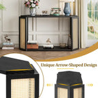 Consolle stile freccia nera con pannelli in rattan, 127 cm L x 31,5 cm P