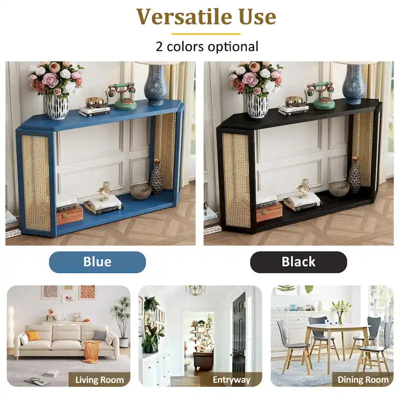 Consolle stile freccia nera con pannelli in rattan, 127 cm L x 31,5 cm P