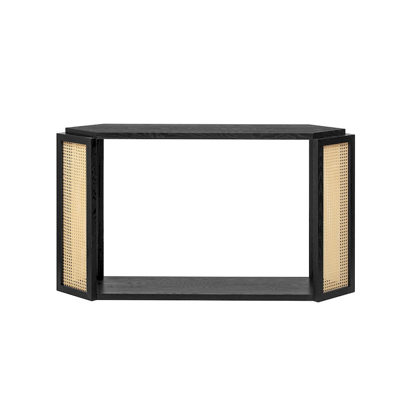 Consolle stile freccia nera con pannelli in rattan, 127 cm L x 31,5 cm P