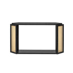 Consolle stile freccia nera con pannelli in rattan, 127 cm L x 31,5 cm P