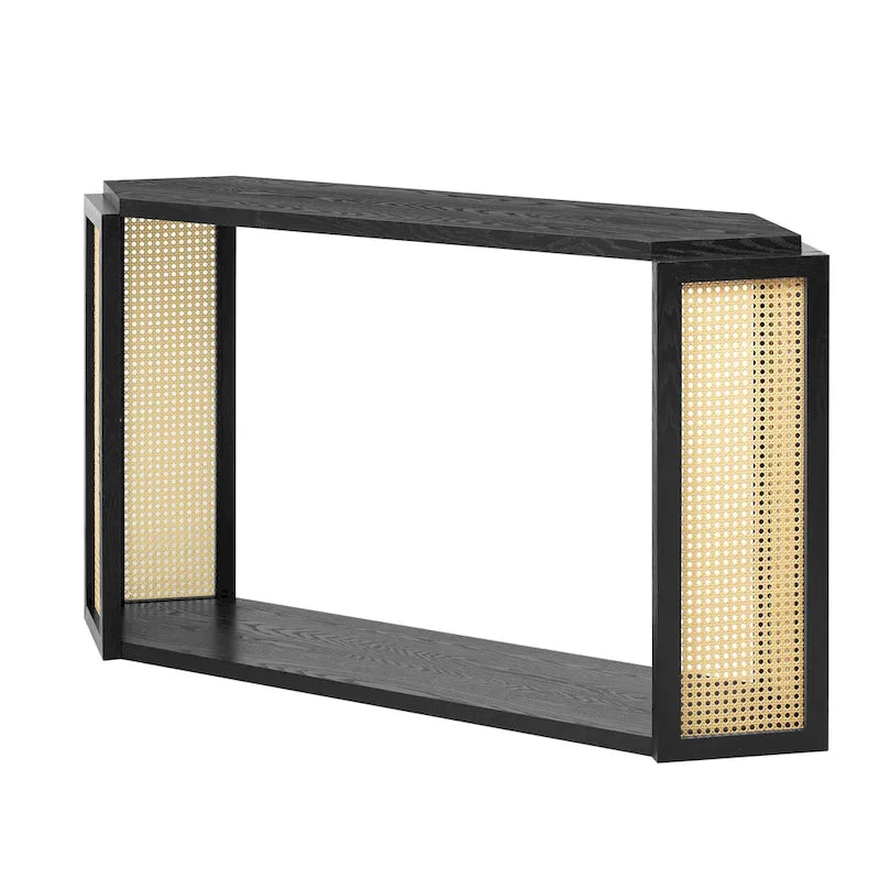 Consolle stile freccia nera con pannelli in rattan, 127 cm L x 31,5 cm P