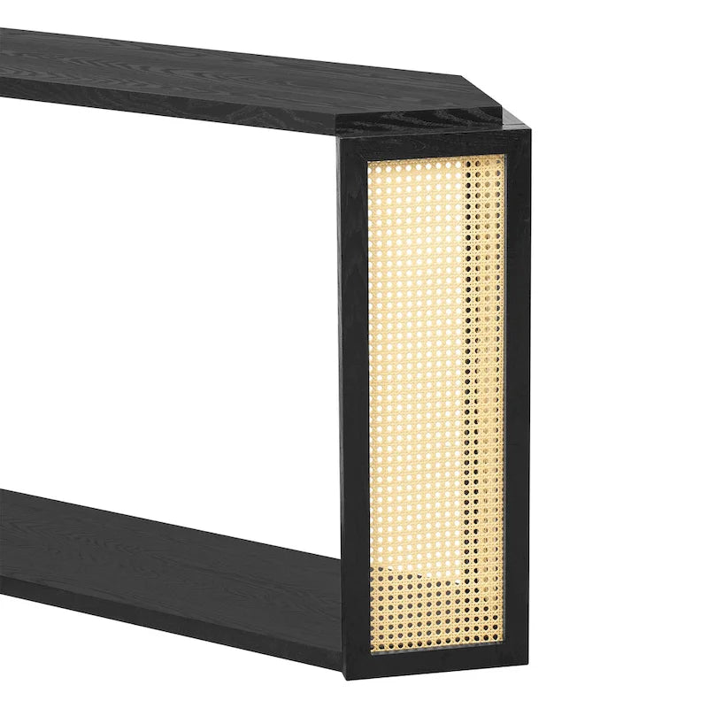 Consolle stile freccia nera con pannelli in rattan, 127 cm L x 31,5 cm P