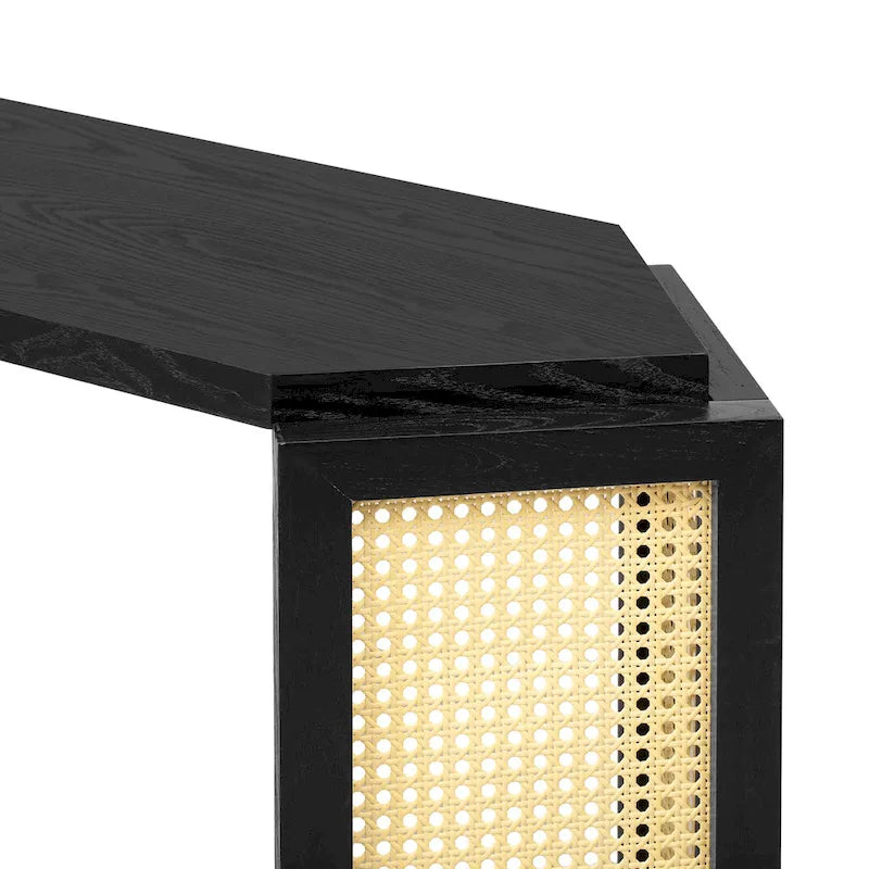 Consolle stile freccia nera con pannelli in rattan, 127 cm L x 31,5 cm P