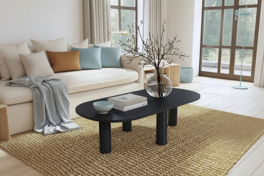 Tavolino ovale in legno massello di mango con inserti impiallacciati, marrone o nero, 52" di larghezza