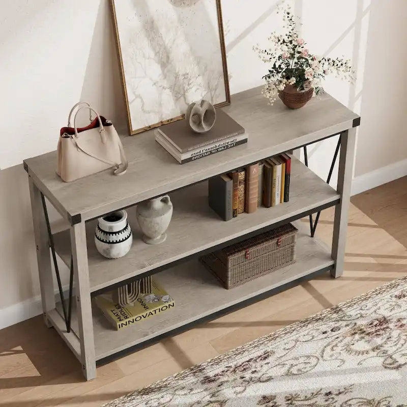 Tavolo Consolle Stretto da Ingresso Stile Rustico, Lungo 120 cm, con Ripiano Inferiore