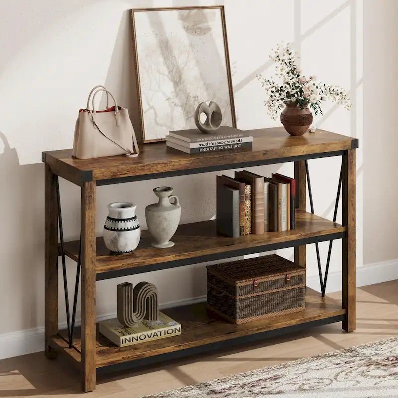 Tavolo Consolle Stretto da Ingresso Stile Rustico, Lungo 120 cm, con Ripiano Inferiore