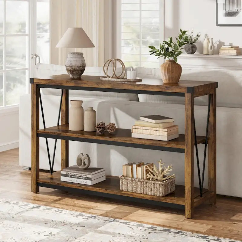 Tavolo Consolle Stretto da Ingresso Stile Rustico, Lungo 120 cm, con Ripiano Inferiore