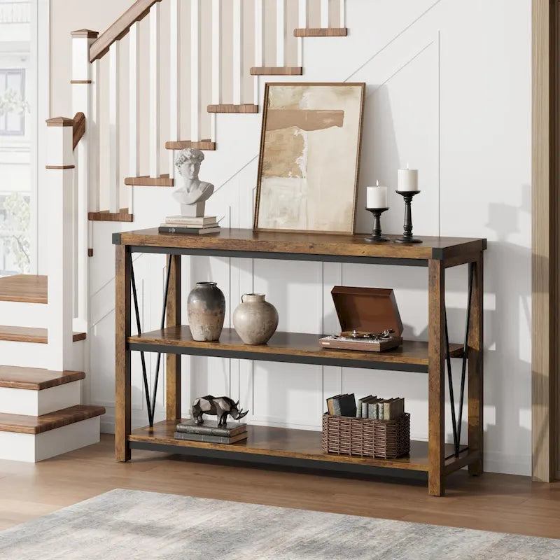 Tavolo Consolle Stretto da Ingresso Stile Rustico, Lungo 120 cm, con Ripiano Inferiore