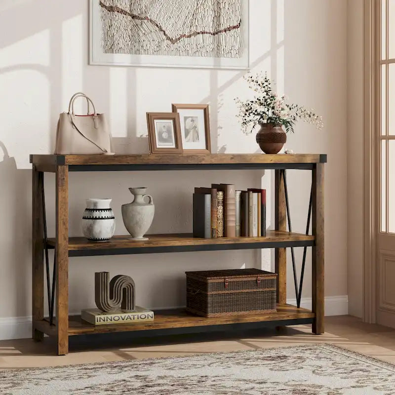 Tavolo Consolle Stretto da Ingresso Stile Rustico, Lungo 120 cm, con Ripiano Inferiore