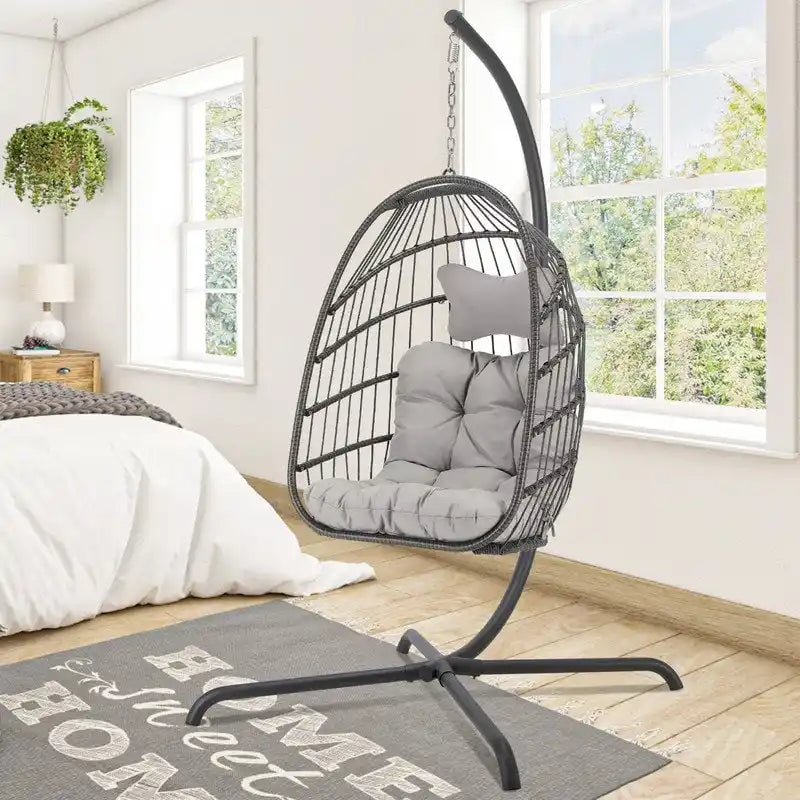 Poltrona a uovo sospesa in rattan con supporto | Grigio scuro / Grigio chiaro / Beige / Marrone / Azzurro | Con o senza fodera | 1-Persona