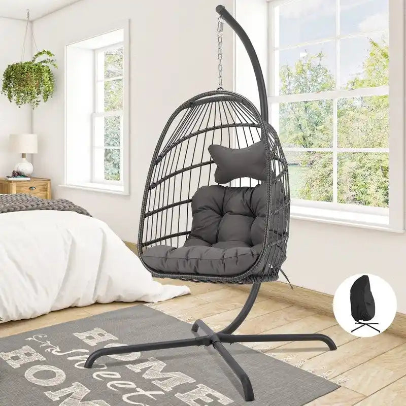 Poltrona a uovo sospesa in rattan con supporto | Grigio scuro / Grigio chiaro / Beige / Marrone / Azzurro | Con o senza fodera | 1-Persona