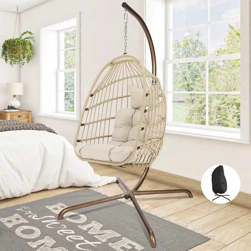 Poltrona a uovo sospesa in rattan con supporto | Grigio scuro / Grigio chiaro / Beige / Marrone / Azzurro | Con o senza fodera | 1-Persona