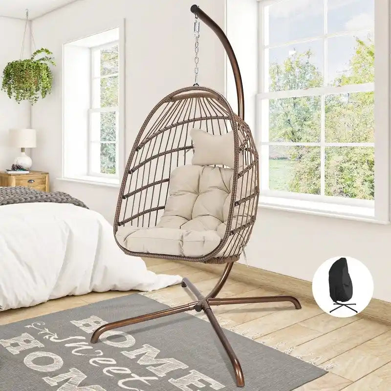 Poltrona a uovo sospesa in rattan con supporto | Grigio scuro / Grigio chiaro / Beige / Marrone / Azzurro | Con o senza fodera | 1-Persona