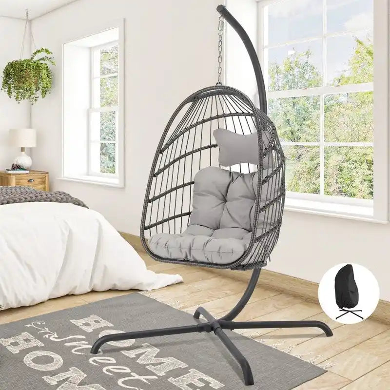 Poltrona a uovo sospesa in rattan con supporto | Grigio scuro / Grigio chiaro / Beige / Marrone / Azzurro | Con o senza fodera | 1-Persona