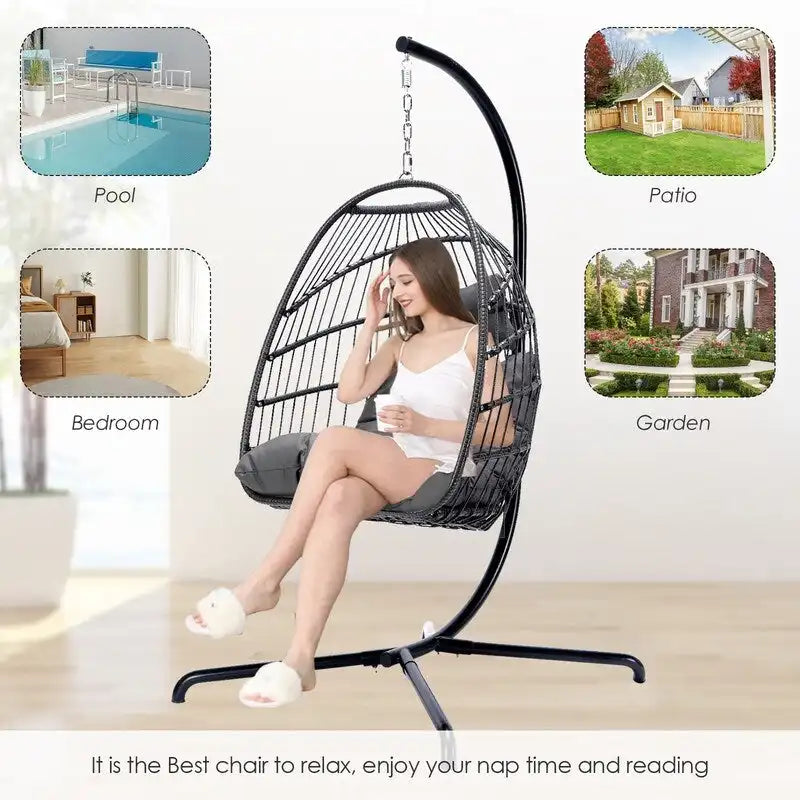 Poltrona a uovo sospesa in rattan con supporto | Grigio scuro / Grigio chiaro / Beige / Marrone / Azzurro | Con o senza fodera | 1-Persona