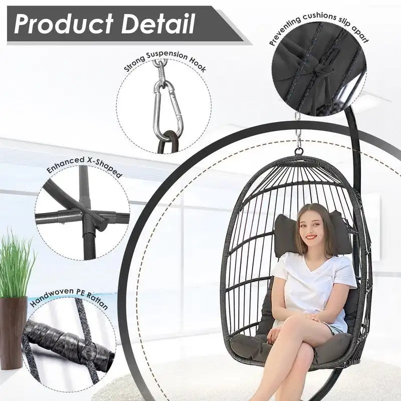 Poltrona a uovo sospesa in rattan con supporto | Grigio scuro / Grigio chiaro / Beige / Marrone / Azzurro | Con o senza fodera | 1-Persona