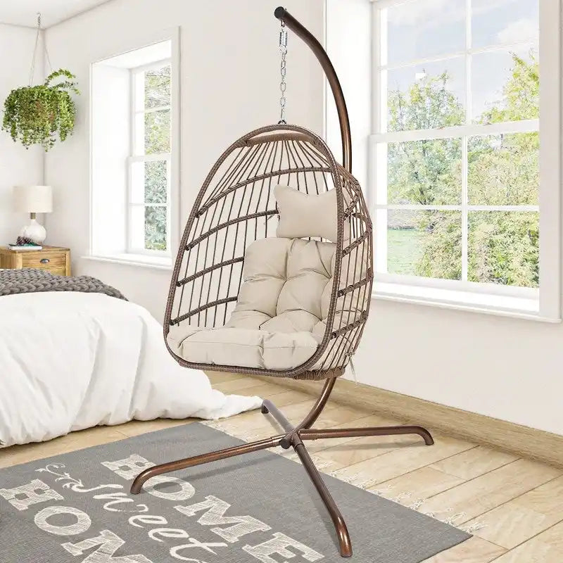 Poltrona a uovo sospesa in rattan con supporto | Grigio scuro / Grigio chiaro / Beige / Marrone / Azzurro | Con o senza fodera | 1-Persona
