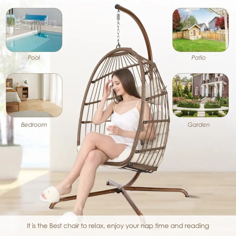Poltrona a uovo sospesa in rattan con supporto | Grigio scuro / Grigio chiaro / Beige / Marrone / Azzurro | Con o senza fodera | 1-Persona