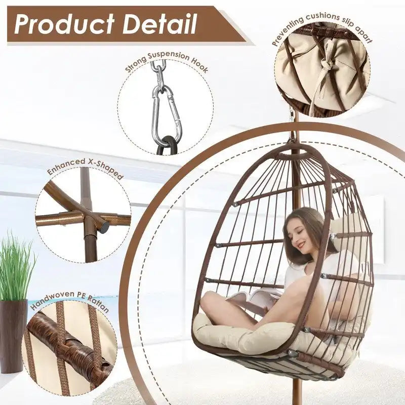Poltrona a uovo sospesa in rattan con supporto | Grigio scuro / Grigio chiaro / Beige / Marrone / Azzurro | Con o senza fodera | 1-Persona