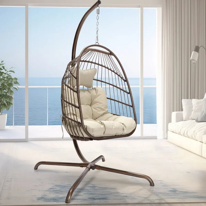 Poltrona a uovo sospesa in rattan con supporto | Grigio scuro / Grigio chiaro / Beige / Marrone / Azzurro | Con o senza fodera | 1-Persona