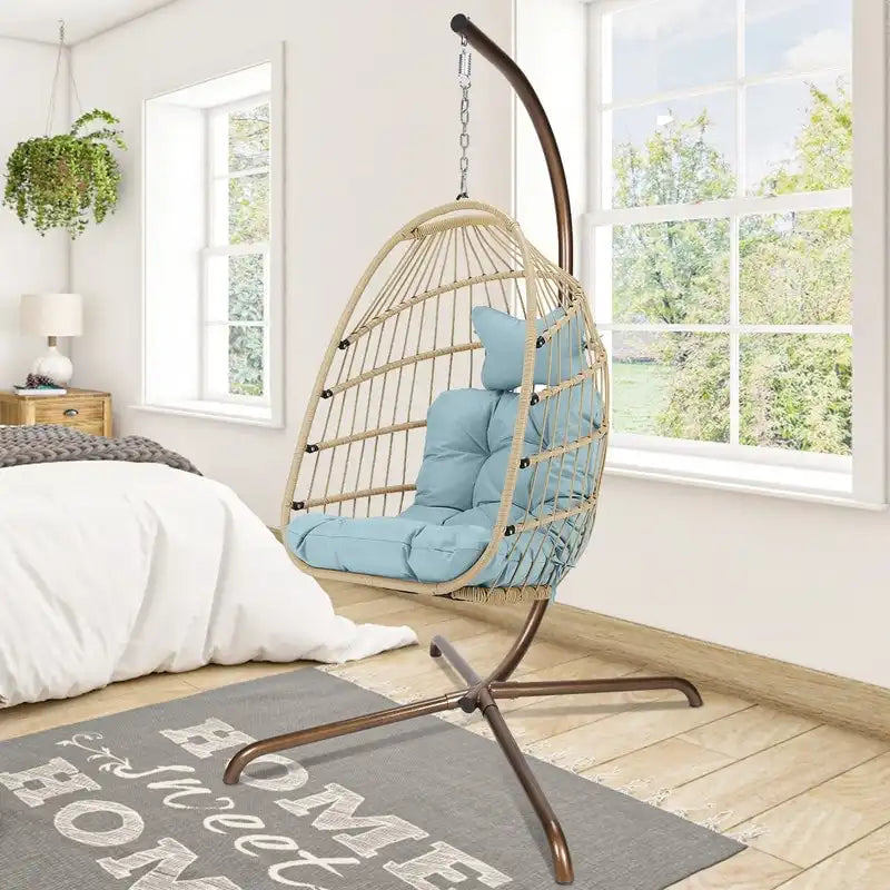 Poltrona a uovo sospesa in rattan con supporto | Grigio scuro / Grigio chiaro / Beige / Marrone / Azzurro | Con o senza fodera | 1-Persona