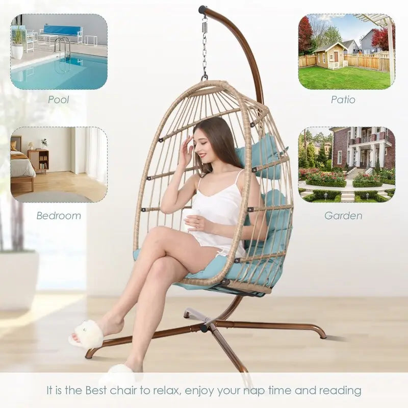 Poltrona a uovo sospesa in rattan con supporto | Grigio scuro / Grigio chiaro / Beige / Marrone / Azzurro | Con o senza fodera | 1-Persona
