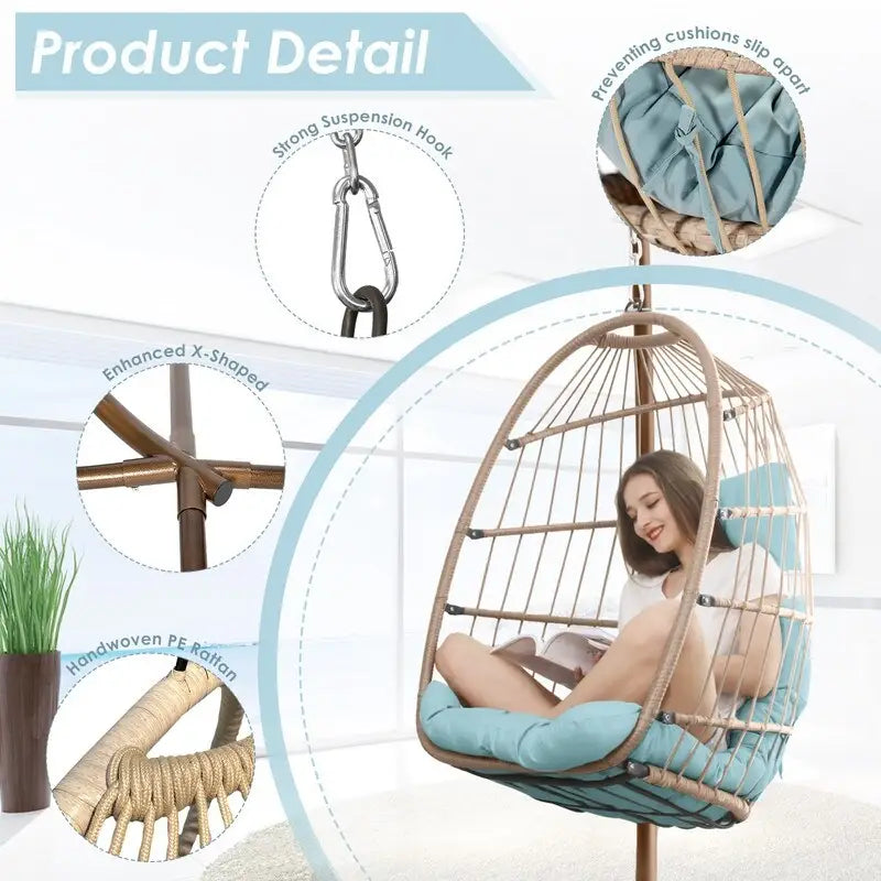 Poltrona a uovo sospesa in rattan con supporto | Grigio scuro / Grigio chiaro / Beige / Marrone / Azzurro | Con o senza fodera | 1-Persona