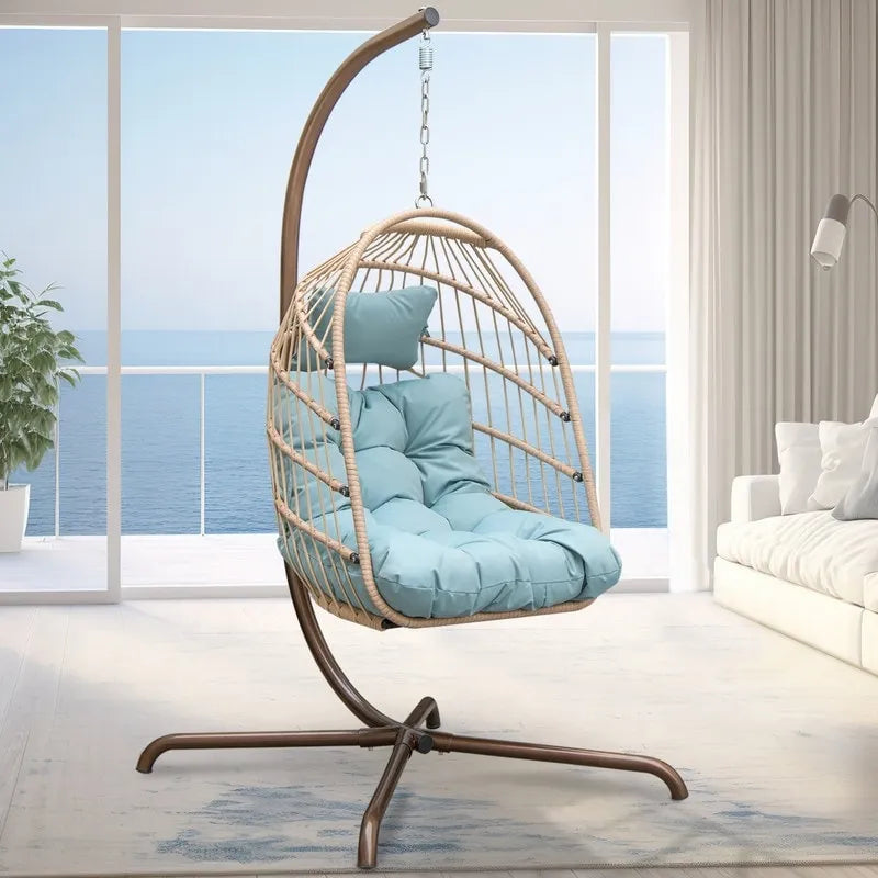 Poltrona a uovo sospesa in rattan con supporto | Grigio scuro / Grigio chiaro / Beige / Marrone / Azzurro | Con o senza fodera | 1-Persona