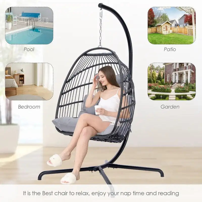 Poltrona a uovo sospesa in rattan con supporto | Grigio scuro / Grigio chiaro / Beige / Marrone / Azzurro | Con o senza fodera | 1-Persona