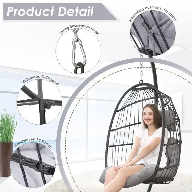 Poltrona a uovo sospesa in rattan con supporto | Grigio scuro / Grigio chiaro / Beige / Marrone / Azzurro | Con o senza fodera | 1-Persona