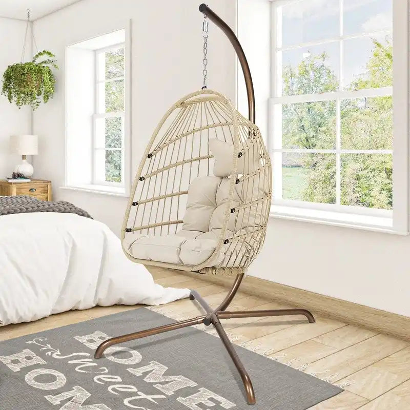 Poltrona a uovo sospesa in rattan con supporto | Grigio scuro / Grigio chiaro / Beige / Marrone / Azzurro | Con o senza fodera | 1-Persona