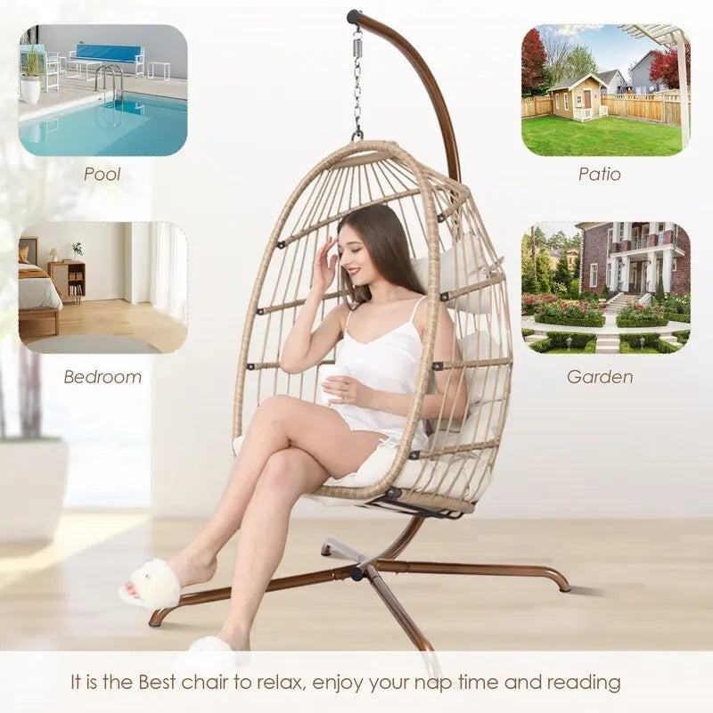 Poltrona a uovo sospesa in rattan con supporto | Grigio scuro / Grigio chiaro / Beige / Marrone / Azzurro | Con o senza fodera | 1-Persona