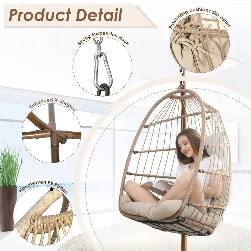 Poltrona a uovo sospesa in rattan con supporto | Grigio scuro / Grigio chiaro / Beige / Marrone / Azzurro | Con o senza fodera | 1-Persona