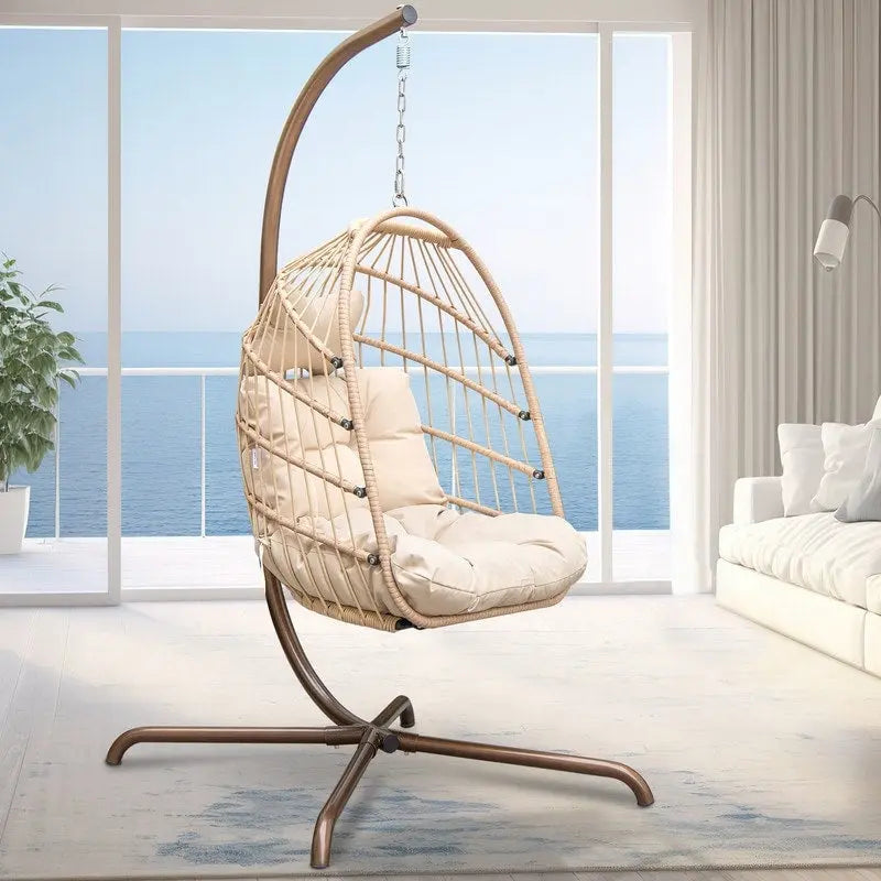 Poltrona a uovo sospesa in rattan con supporto | Grigio scuro / Grigio chiaro / Beige / Marrone / Azzurro | Con o senza fodera | 1-Persona