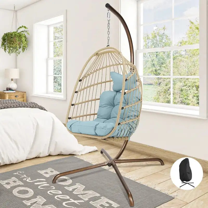 Poltrona a uovo sospesa in rattan con supporto | Grigio scuro / Grigio chiaro / Beige / Marrone / Azzurro | Con o senza fodera | 1-Persona