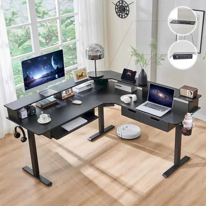 Scrivania angolare elettrica regolabile in altezza a 1 persona in fibra di carbonio nera/rovere rustico scuro/bianco anticato con illuminazione RGB
