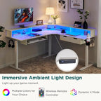 Scrivania angolare elettrica regolabile in altezza a 1 persona in fibra di carbonio nera/rovere rustico scuro/bianco anticato con illuminazione RGB
