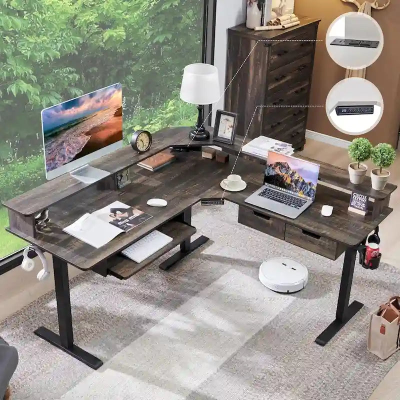 Scrivania angolare elettrica regolabile in altezza a 1 persona in fibra di carbonio nera/rovere rustico scuro/bianco anticato con illuminazione RGB